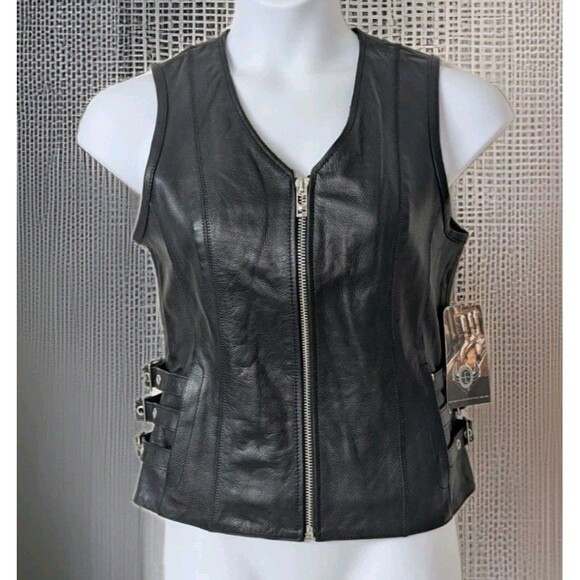 TRUE ELEMENT Women's Zipper Front V-Neck Motorcycle Leather Vest Size Small - Picture 1 of 8